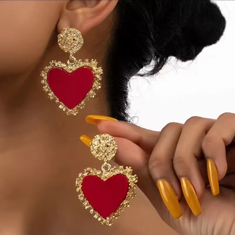 Gold and Red Heart Earrings